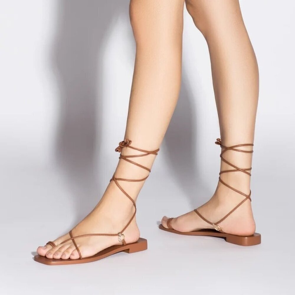 Larroude Portofino Flat Sandals in Caramel Leather 6 With Box Womens Wrap Slides - Picture 3 of 16